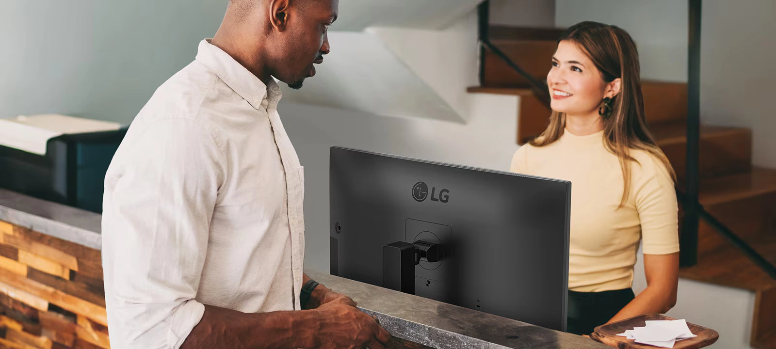 27BA45QB-B monitor set up at a reception desk