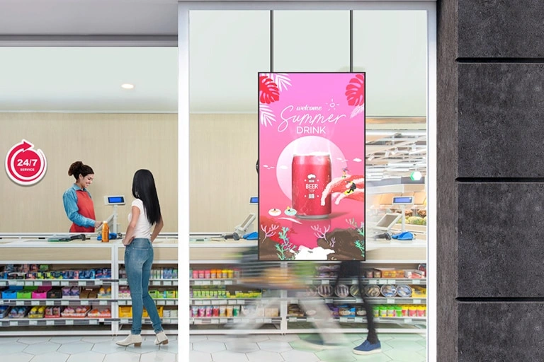 Bright display attracting customers through a window